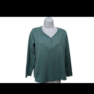 L.L. Bean V Neck Henley Shirt Long Sleeve Green L Outdoor Base Layer #4000